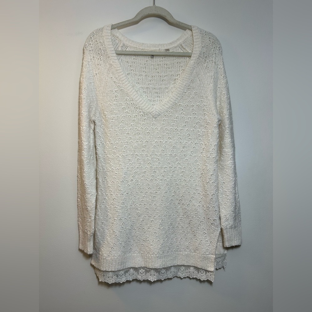 KNITTED & KNOTTED | Anthropologie White Sweater with Lace Accents